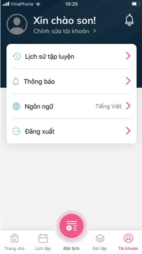 Tài khoản người dùng trên ứng dụng 25 FIT 