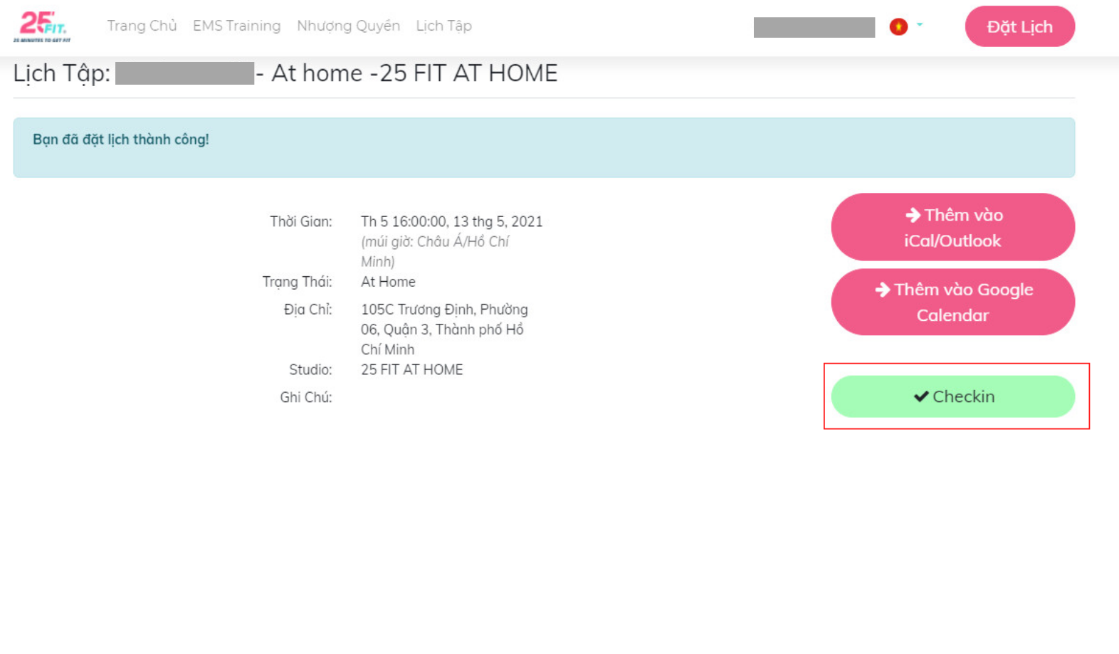 HƯỚNG DẪN CHECK-IN BUỔI TẬP 25 FIT AT HOME TRÊN WEBSITE
