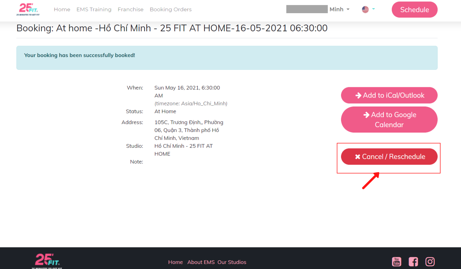HƯỚNG DẪN KIỂM TRA, HỦY & ĐỔI LỊCH TẬP 25 FIT AT HOME TRÊN WEBSITE